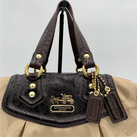 Coach Signature Madison Op Art Audrey Khaki Brown Satchel 14294 Handbag Purse - Picture 5 of 11
